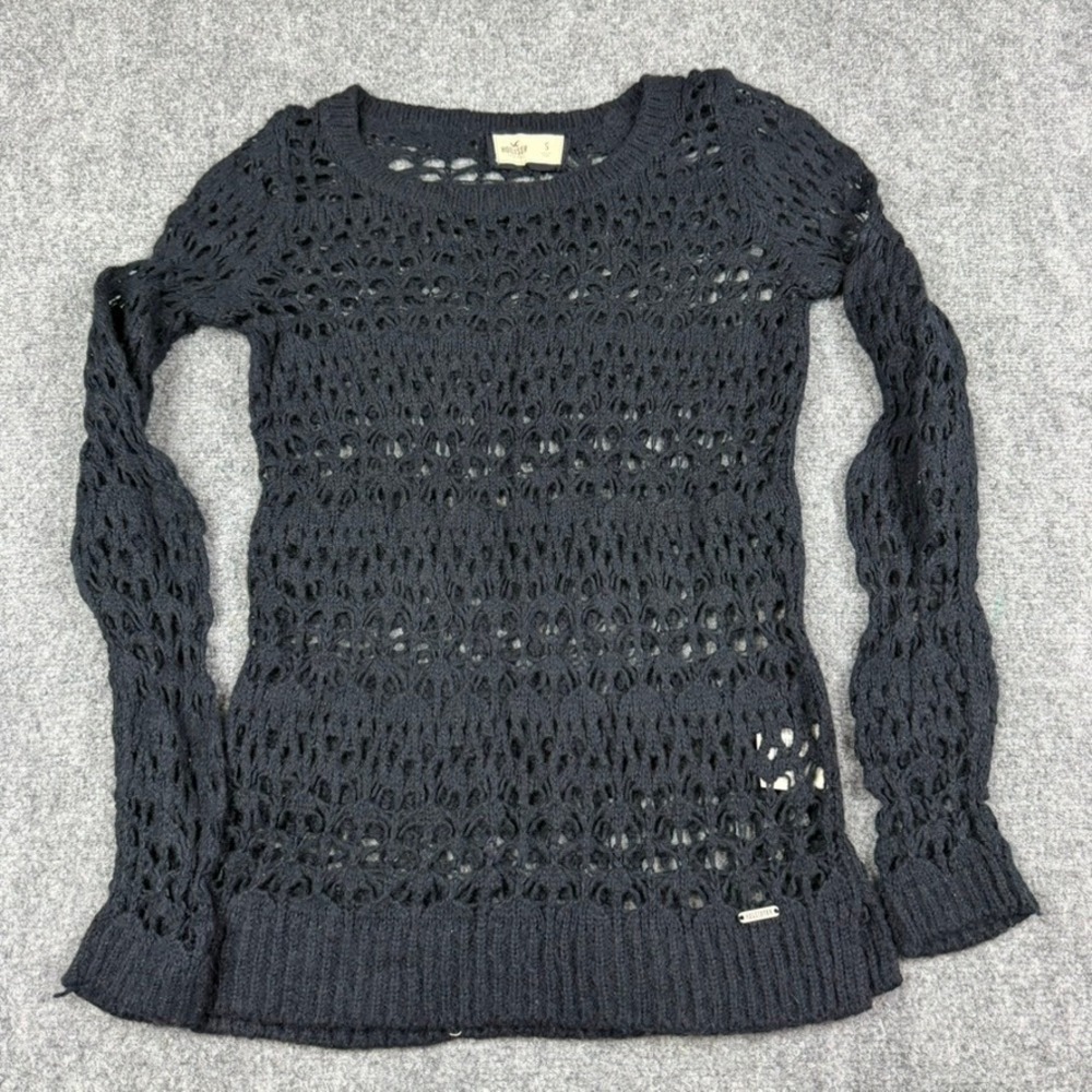 Hollister Crochet Sweater Womens Small Black Open Knit Wool Blend Crew Neck